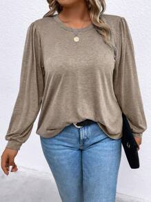 SHEIN LUNE 大碼素色燈籠袖T恤 - 銅色 - 查看 1