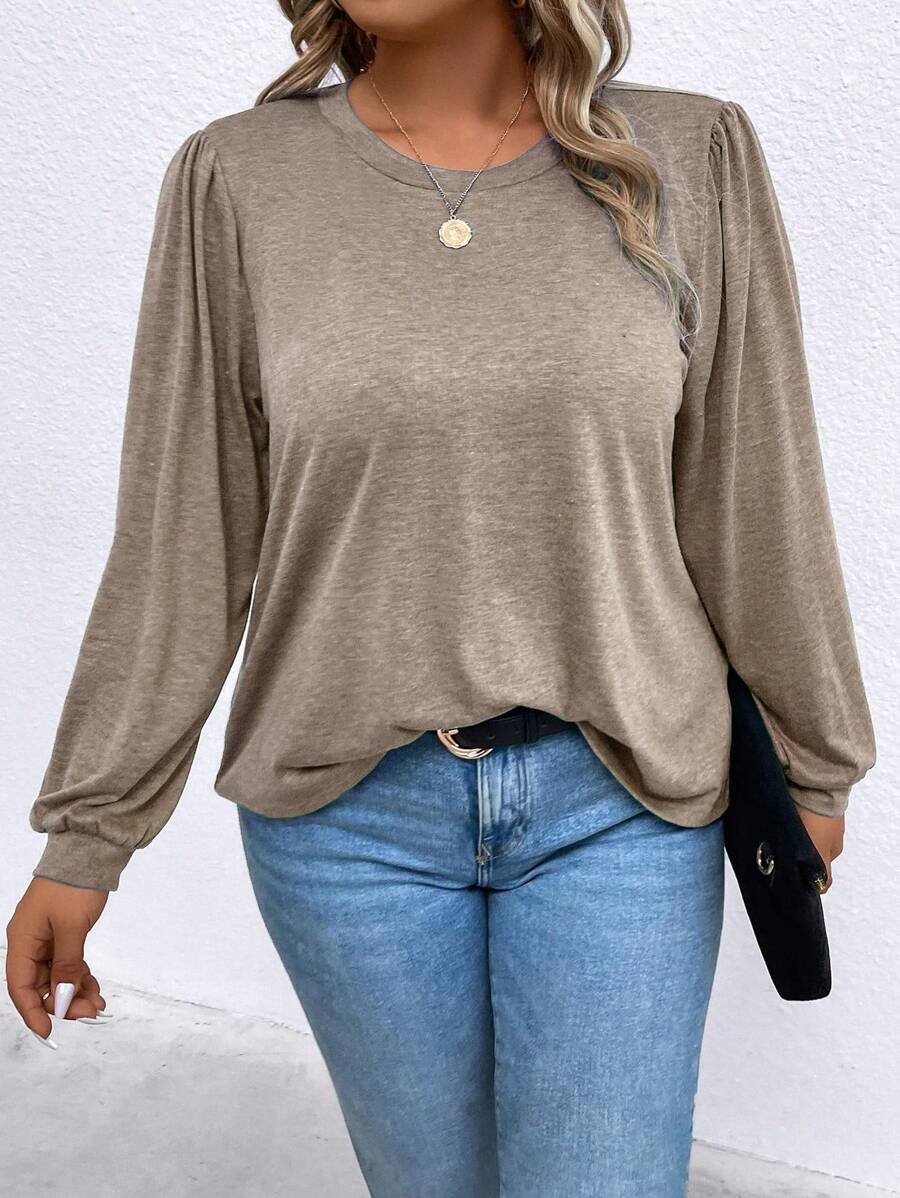 SHEIN LUNE 大碼素色燈籠袖T恤 - 銅色 - 查看 1