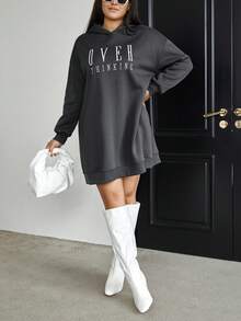 SHEIN Essnce Hơn Đồ họa Chữ cái Thả vai Đàm áo cánh có mũ - Xám - Xem 3