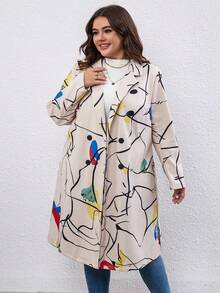 SHEIN LUNE Plus Graphic Print Lapel Neck Overcoat - Apricot - View 5