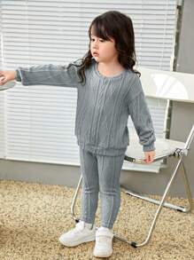 SHEIN Leap Crew Young Girl Solid Drop Shoulder Tee & Leggings - Blue - View 4