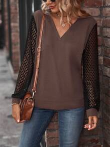 SHEIN LUNE Contrast Lace Sleeve V Neck Sweatshirt Pullover Fall Sweatshirt - Coffee Brown - View 6