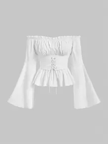 SHEIN MOD Off Shoulder Lace Up Front Ruched Bust Ruffle Hem White Waisted One-Shoulder Bell Sleeves Blouse,Long Sleeve Tops