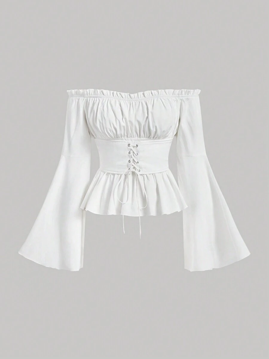 SHEIN MOD Off Shoulder Lace Up Front Ruched Bust Ruffle Hem White Waisted One-Shoulder Bell Sleeves Blouse,Long Sleeve Tops