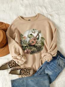 SHEIN LUNE 大碼花卉圖案和青蛙印花落肩袖運動衫 - 卡其色 - 查看 1