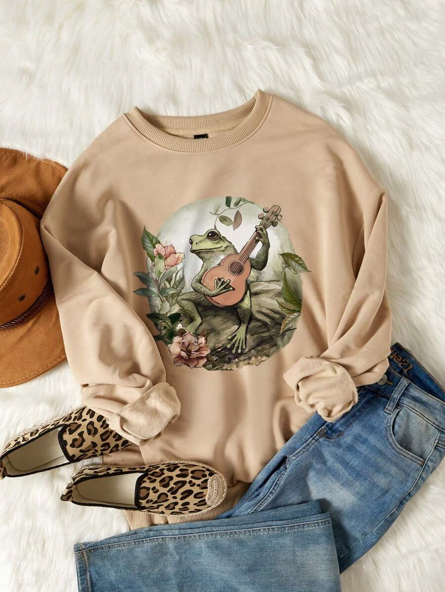 SHEIN LUNE 大碼花卉圖案和青蛙印花落肩袖運動衫 - 卡其色 - 查看 1