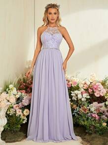 Vestido de dama de honor con lentejuela en contraste aplique de gasa - Lila Púrpura - Ver 1