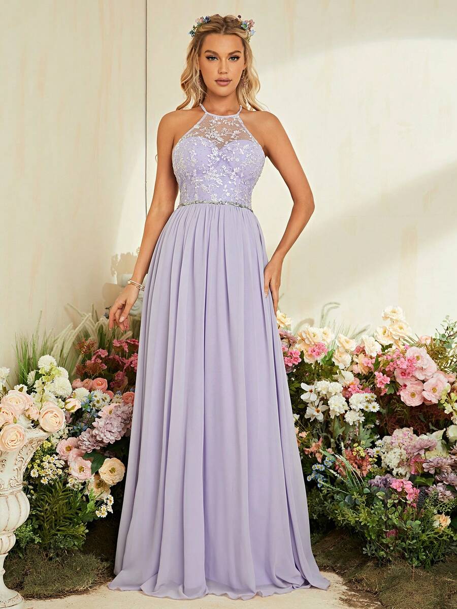 Vestido de dama de honor con lentejuela en contraste aplique de gasa - Lila Púrpura - Ver 1
