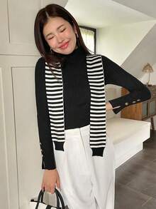 SHEIN Unity Chất rắn Chi tiết Nút Áo len Không có khăn - màu đen - Xem 3