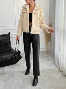 EURMUSE Flap Detail Teddy Jacket - Apricot - View 5