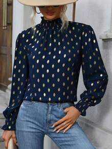 SHEIN Essnce 燙金荷葉袖褶邊襯衫 - 藍色 - 查看 1