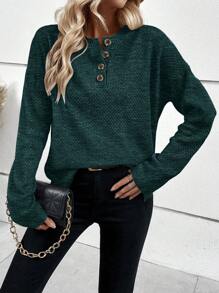 SHEIN LUNE 半排扣落肩袖套頭毛衣 - 墨綠色 - 查看 4