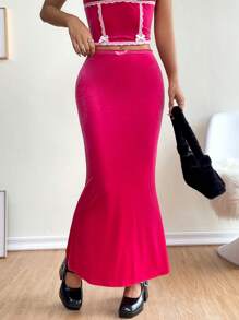 SHEIN MOD Solid Bow Front Mermaid Hem Skirt - Hot Pink - View 1