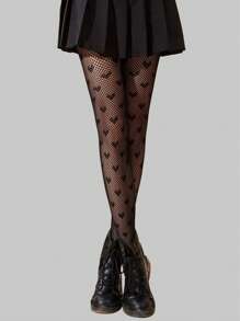 ROMWE Goth 1pair Women Heart Pattern Fishnet Tights - Black - View 1