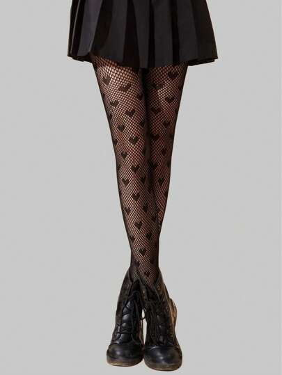 Goth 1pair Women Heart Pattern Fishnet Tights