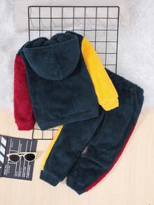 Young Boy Letter Embroidery Colorblock Teddy Hoodie & Pants - Navy Blue - View 2