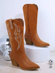 SHUZIA Faux Leather Pointed Toe Stacked Block Heel Boots, Cowboy Boots For Women - Brown - View 2