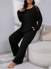 Snug Zone Plus Contrast Lace Drop Shoulder PJ Set / Pajama Set - Black - View 5