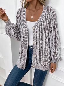 SHEIN LUNE Cable Knit Drop Shoulder Cardigan - Multicolor - View 4
