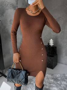 SHEIN Privé 紐扣細節下擺開叉緊身毛衣洋裝 - 棕色 - 查看 7