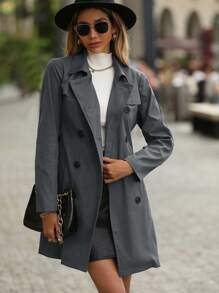 SHEIN Clasi 雙排釦腰帶風衣外套 - 灰色 - 查看 5