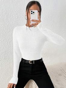 SHEIN Frenchy Mock Neck Ribbed Knit Textured Fabric Tee Winter White