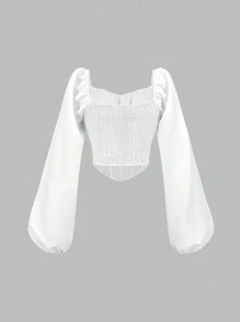 SHEIN Unity Áo crop top tay đèn lồng nhún ngực thanh lịch dành cho nữ, màu trơn đơn giản, cổ tim, áo cánh đi làm thường ngày - trắng - Xem 2