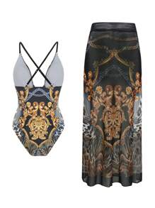 Swim Oasis 錬條圖案連體泳衣附沙灘裙 - 彩色 - 查看 2