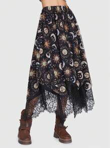 Hippie 太陽月亮圖案蕾絲拼接手帕下擺半身裙 - 黑色 - 查看 6