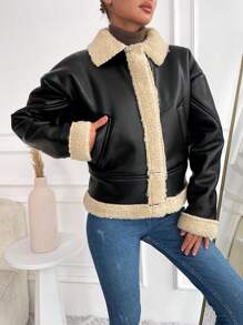 SHEIN Cottnline Teddy Lined PU Leather Jacket - Black - View 5