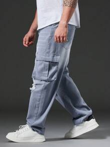 Manfinity Hombres talla grande Jeans cargo desgarro con bolsillo lateral con solapa - Gris - Ver 8