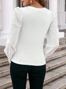 SHEIN Clasi 素色燈籠袖條紋針織上衣 - 白色 - 查看 2