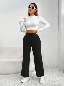 SHEIN PETITE Drawstring Waist Sweatpants Graduation,Back To School Outfits,Graduation,Teacher Outfits For Women,Back To School - Black - View 4