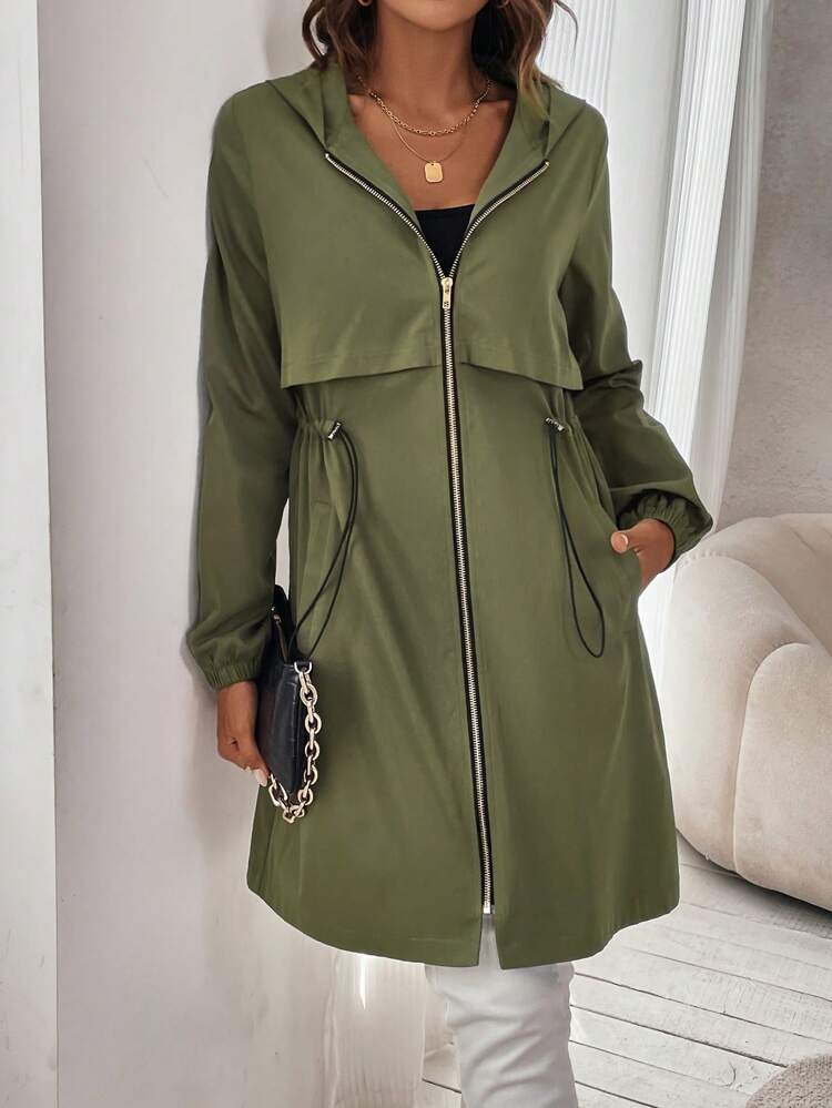 Drawstring Waist Zip Up Hooded Trench Coat Fall Cloth For Women