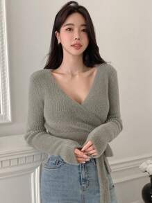 DAZY Solid Wrap Tie Side Crop Sweater - Dark Green - View 6