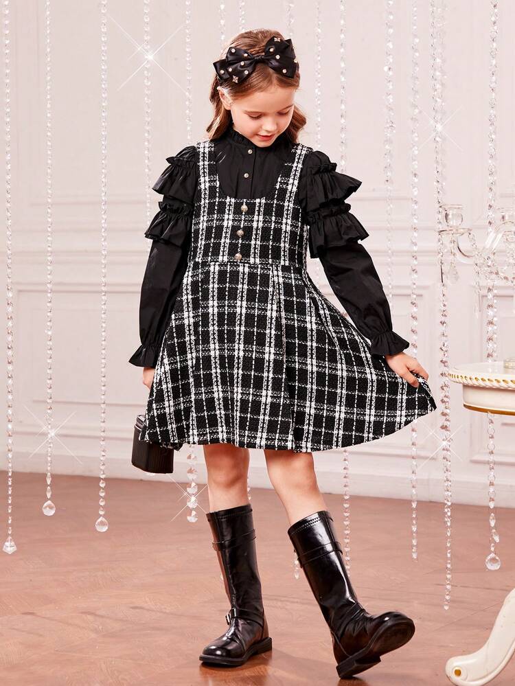 Tween Girl 2Pcs/Set Woven Solid Color Stand Collar Casual Shirt And Woven Plaid Sleeveless Dress