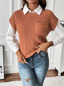 SHEIN LUNE 1入組口袋貼布針織上衣 - 棕色 - 查看 5