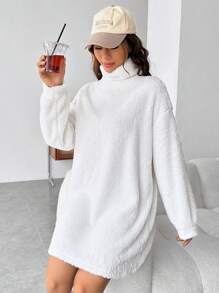 SHEIN EZwear Turtleneck Drop Shoulder Teddy Dress - White - View 3