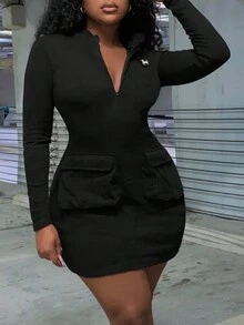 Slaydiva 字母補丁細節翻蓋口袋緊身洋裝 - 灰色 - 查看 3