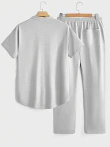 Manfinity VCAY Loose Letter Patched Detail Tee & Drawstring Waist Sweatpants Set For Men - Grey - View 2