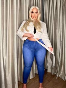 SHEIN SXY 大碼金屬扣環腰帶保暖夾克 - 杏色 - 查看 5