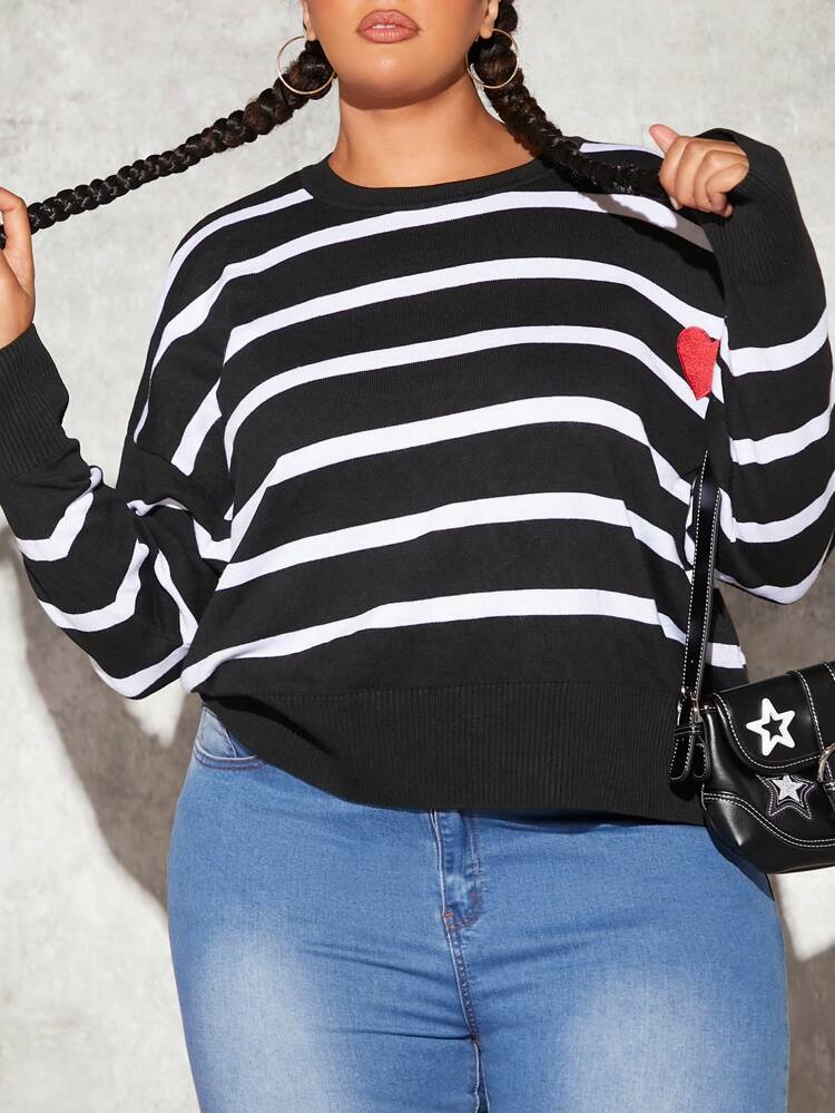 Plus Striped Pattern Heart Embroidery Drop Shoulder Sweater