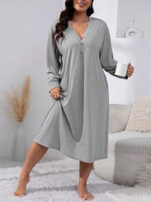 加大码四分之一扣落肩睡衣连衣裙，长款，宽松睡衣，舒适套装，秋冬款