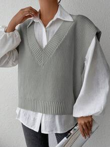 EURMUSE Chất rắn Cổ chữ V Áo len vest Không có áo sơ mi - Xám - Xem 5