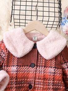 SHEIN Young Girl Plaid Print Borg Collar Teddy Lined Overcoat for Christmas - Red - View 5