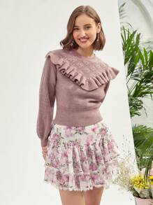 Enchnt Viền Ruffle Ngọc trai đính cườm Tay áo lồng đèn Áo len - Hồng - Xem 4