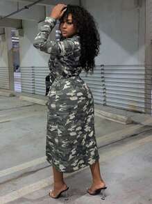 Slaydiva Camo Print Belted Longline Coat - Army Green - View 2