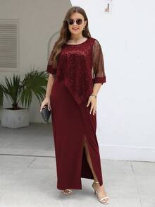 Nemidor Plus Contrast Mesh Split Thigh Dress - Burgundy - View 6