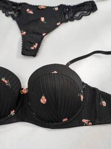 Floral Print Lettuce Trim Underwire Bra & Panty Lingerie Set - Black - View 4