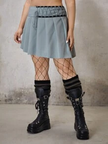 ROMWE PUNK 大碼腰部綁帶百褶半身裙 - 淺灰色 - 查看 4